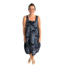 Load image into Gallery viewer, Navy Blue  Long Empire line Floral Dress with Square Neck and Two Front Pockets 100% Linen. One Size Recommended Fits Size 12-18 Made in Italy (AA65)
