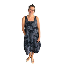 Load image into Gallery viewer, Navy Blue  Long Empire line Floral Dress with Square Neck and Two Front Pockets 100% Linen. One Size Recommended Fits Size 12-18 Made in Italy (AA65)
