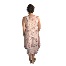 Load image into Gallery viewer, Light pink  Long Empire line Floral Dress with Square Neck and Two Front Pockets 100% Linen. One Size Recommended Fits Size 12-18 Made in Italy (AA65)
