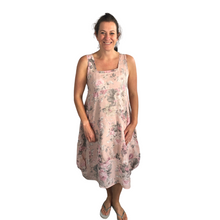 Load image into Gallery viewer, Light pink  Long Empire line Floral Dress with Square Neck and Two Front Pockets 100% Linen. One Size Recommended Fits Size 12-18 Made in Italy (AA65)
