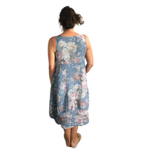 Load image into Gallery viewer, Denim Blue Long Empire line Floral Dress with Square Neck and Two Front Pockets 100% Linen. One Size Recommended Fits Size 12-18 Made in Italy (AA65)
