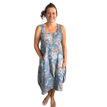 Load image into Gallery viewer, Denim Blue Long Empire line Floral Dress with Square Neck and Two Front Pockets 100% Linen. One Size Recommended Fits Size 12-18 Made in Italy (AA65)
