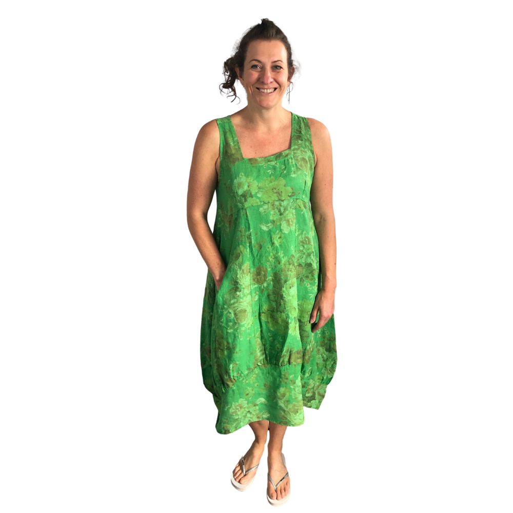 Light green Long Empire line Floral Dress with Square Neck and Two Front Pockets 100% Linen. One Size Recommended Fits Size 12-18 Made in Italy (AA65)