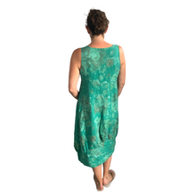 Load image into Gallery viewer, Light Teal Long Empire line Floral Dress with Square Neck and Two Front Pockets 100% Linen. One Size Recommended Fits Size 12-18 Made in Italy (AA65)
