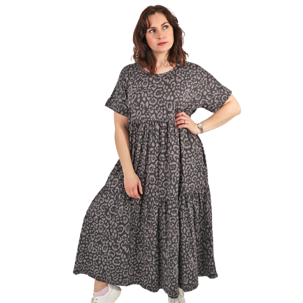 Ladies oversize Grey Leopard Print Tiered Short Sleeve Dress (A129G)