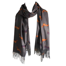 Load image into Gallery viewer, Ladies Luxury Grey Dachshund scarf/ wrap with tassels.
