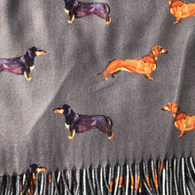 Load image into Gallery viewer, Ladies Luxury Grey Dachshund scarf/ wrap with tassels.
