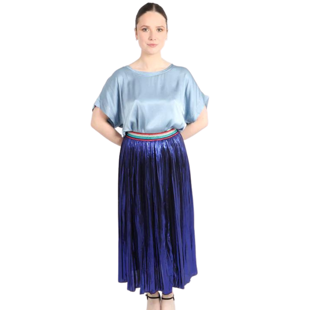 Royal Blue Foil Pleated Skirt with Glitter Stripe Waistband. (A135)
