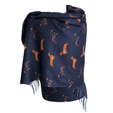 Load image into Gallery viewer, Ladies Luxury Navy blue Dachshund scarf/ wrap with tassels.
