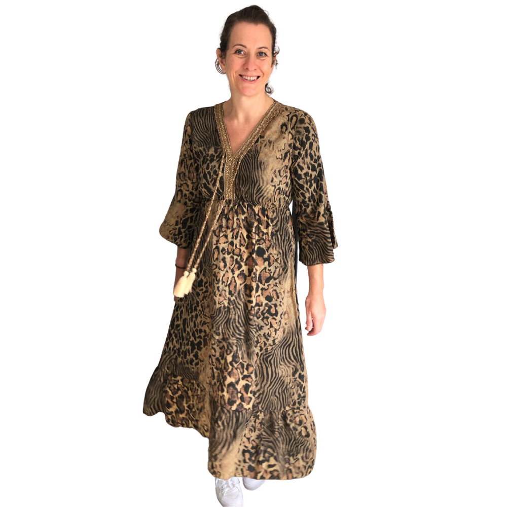 Ladies long Beige animal print dress (A125)