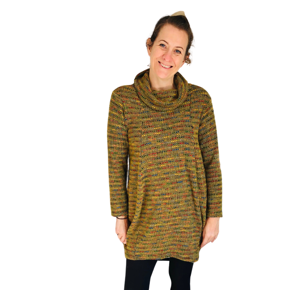 Ladies Long Mustard multi coloured spotty Cowl Neck Jumper A124