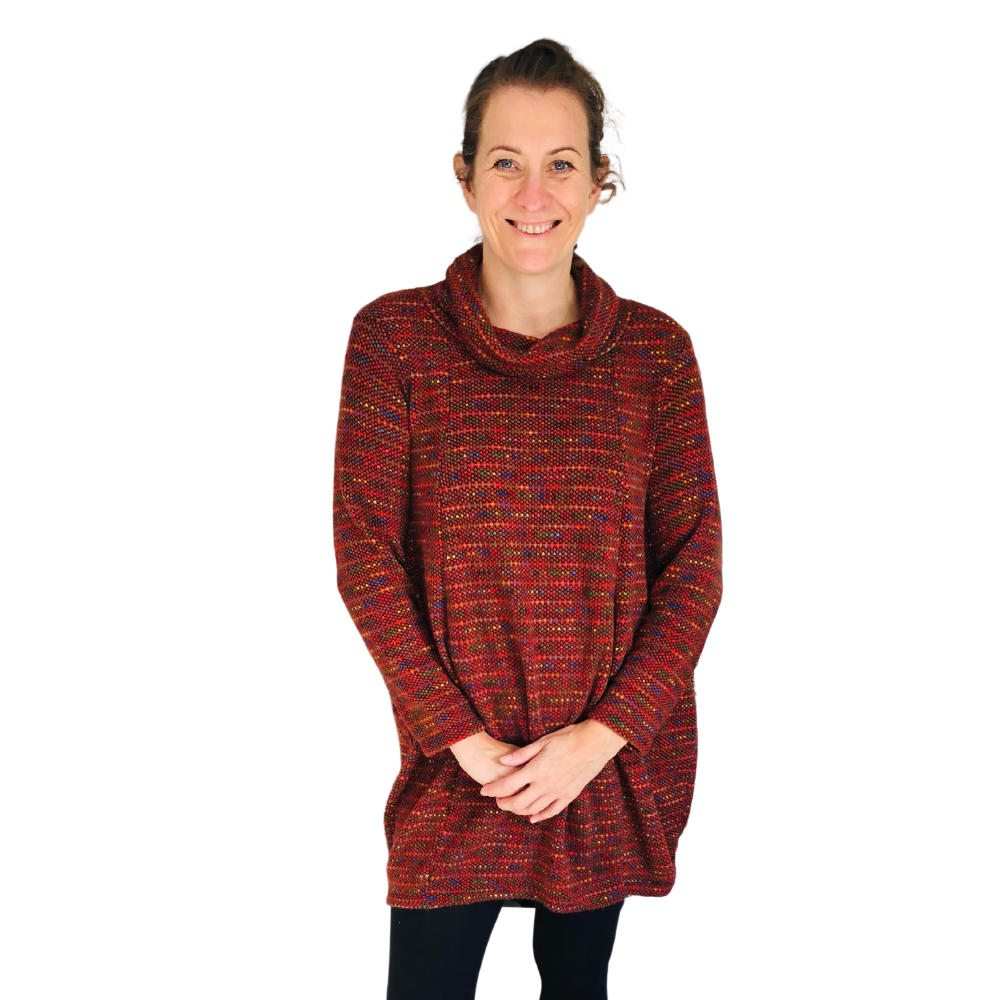 Ladies Long Rust multi coloured spotty Cowl Neck Jumper (A124)
