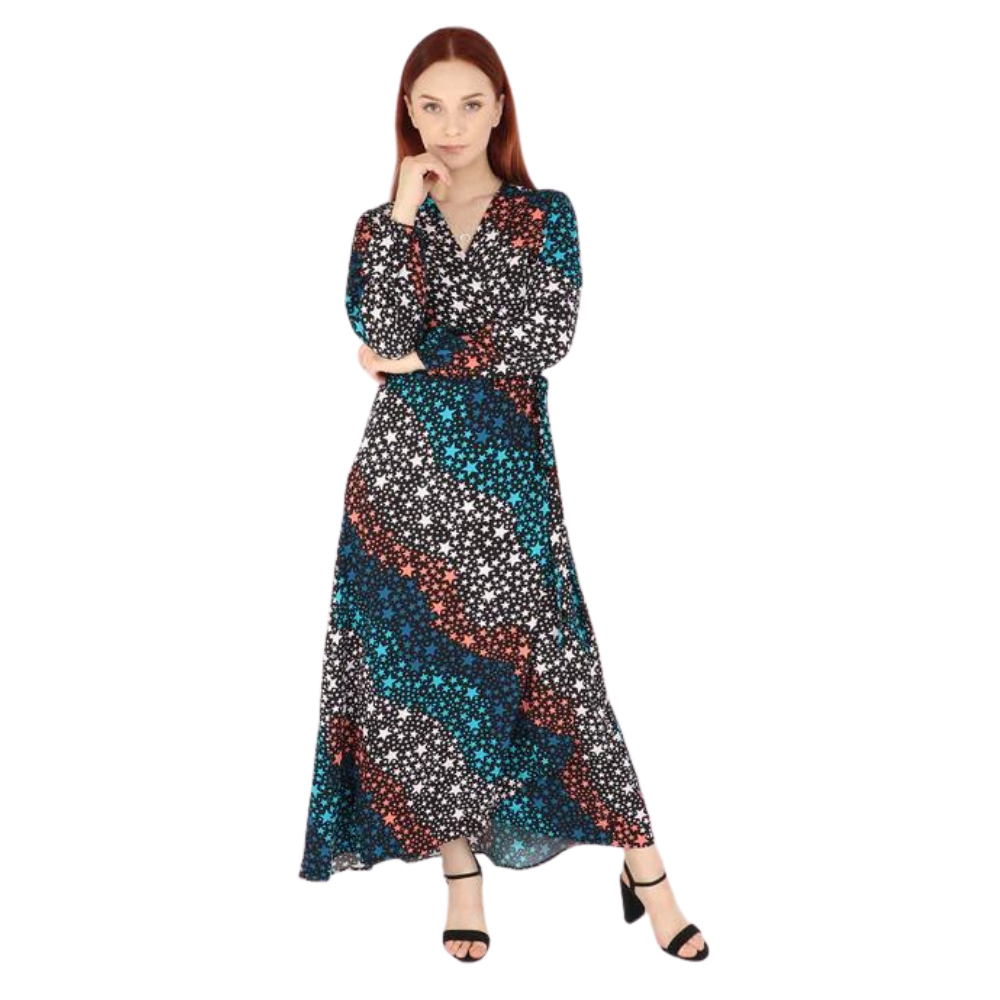 Muted Star Print Wrap around Dress with pockets.  (A131)