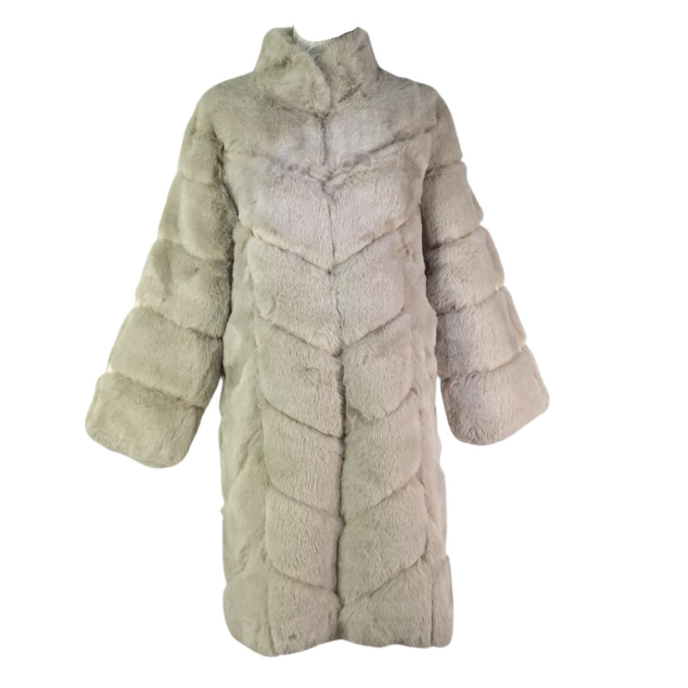 Beige textured Faux Fur long sleeve Coat.