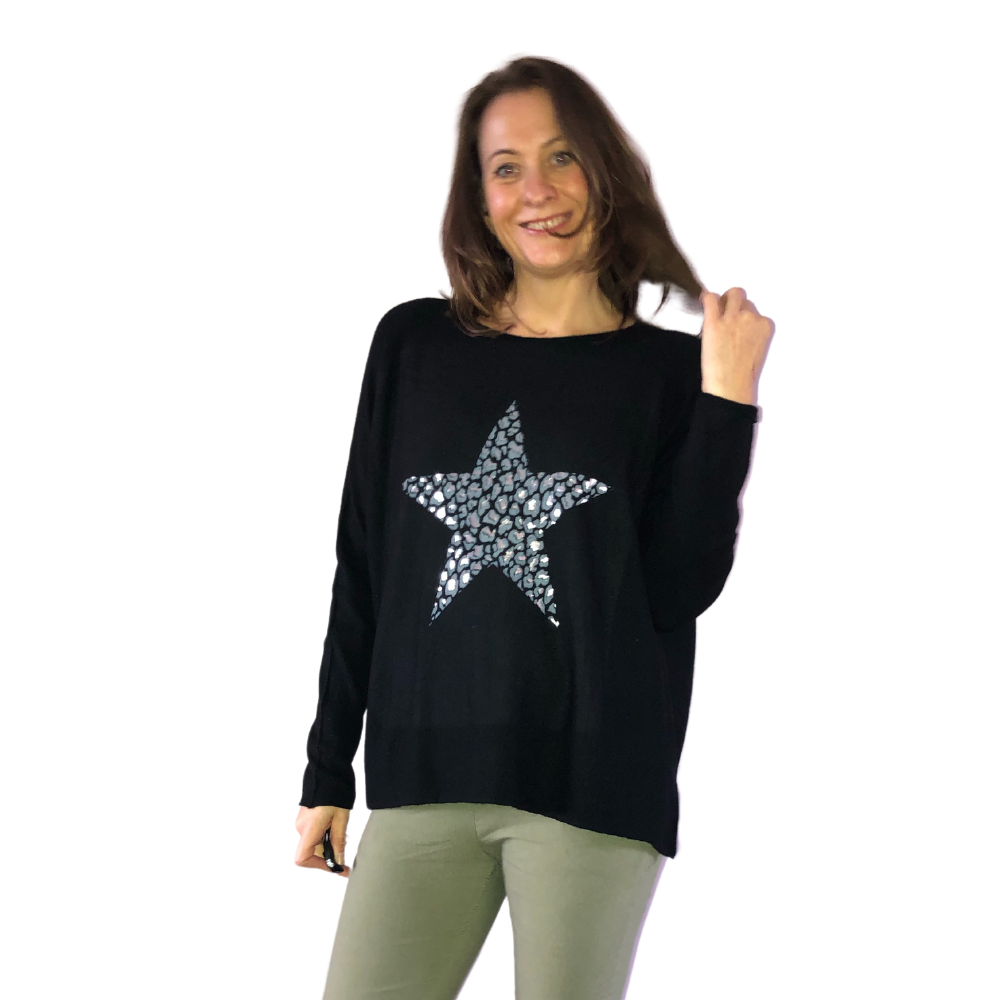 Black with animal foil star jumper A136