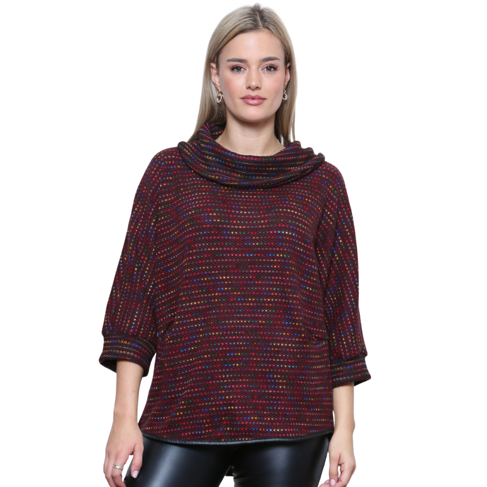 Ladies burgundy multi coloured spotty Cowl Neck Jumper with Pockets (A93)