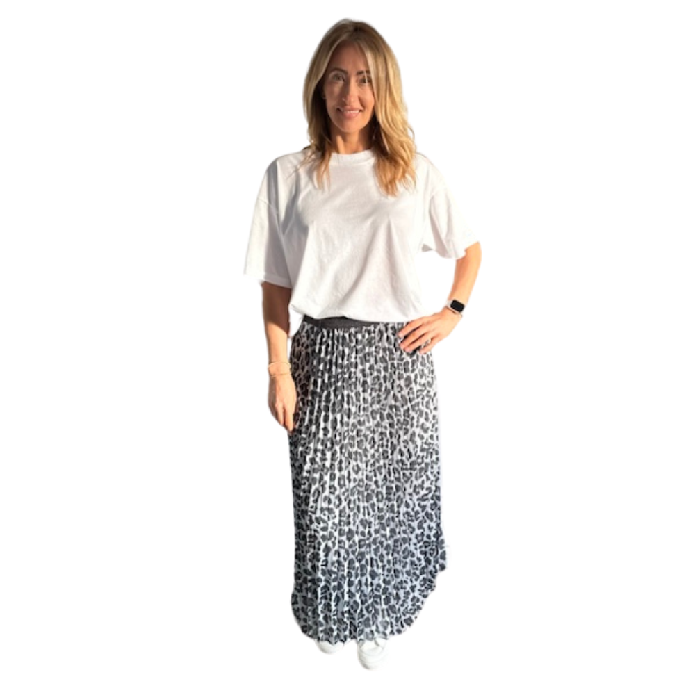 Ladies Light grey Animal Leopard Print Pleated Lined Skirt A101