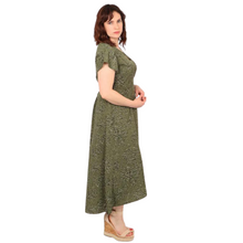 Load image into Gallery viewer, Khaki green Speckled Animal Print Wrap Dress with cap sleeves and pockets.  (A144)
