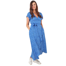Load image into Gallery viewer, Light Blue Dainty Floral Sprig Wrap Dress with cap sleeves and pockets.  (A143)
