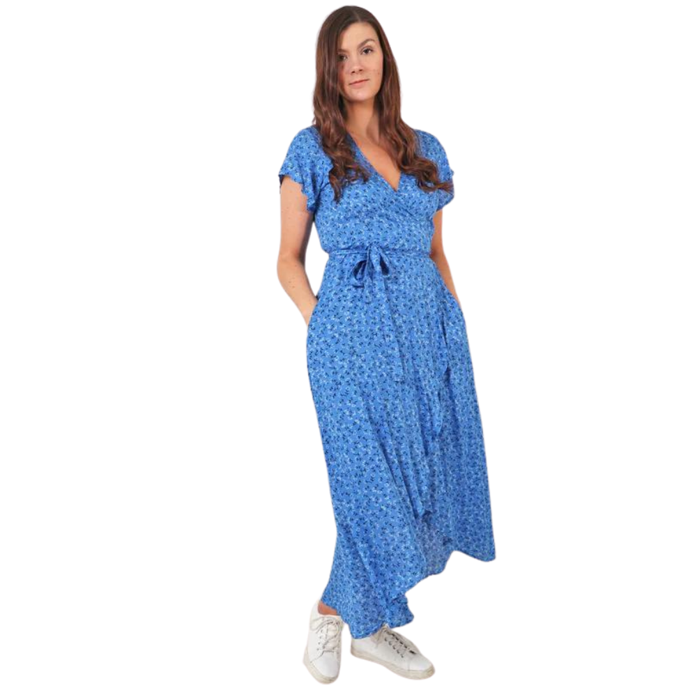 Light Blue Dainty Floral Sprig Wrap Dress with cap sleeves and pockets.  (A143)