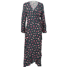 Load image into Gallery viewer, Green Pink Large Leopard Wrap Dress with cap sleeves and pockets.  (A142)
