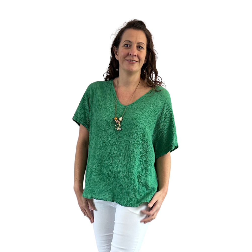 Green Plain Crinkle cotton top for women. (A147)