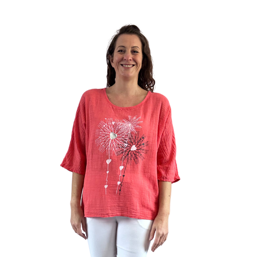 Coral  with Heart firework T shirt  100% cotton (A108)