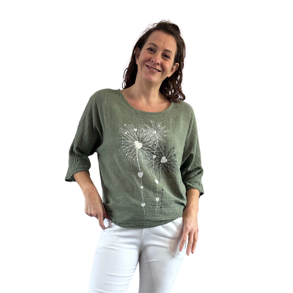 Khaki Greenn with Heart firework T shirt for women  (A108)