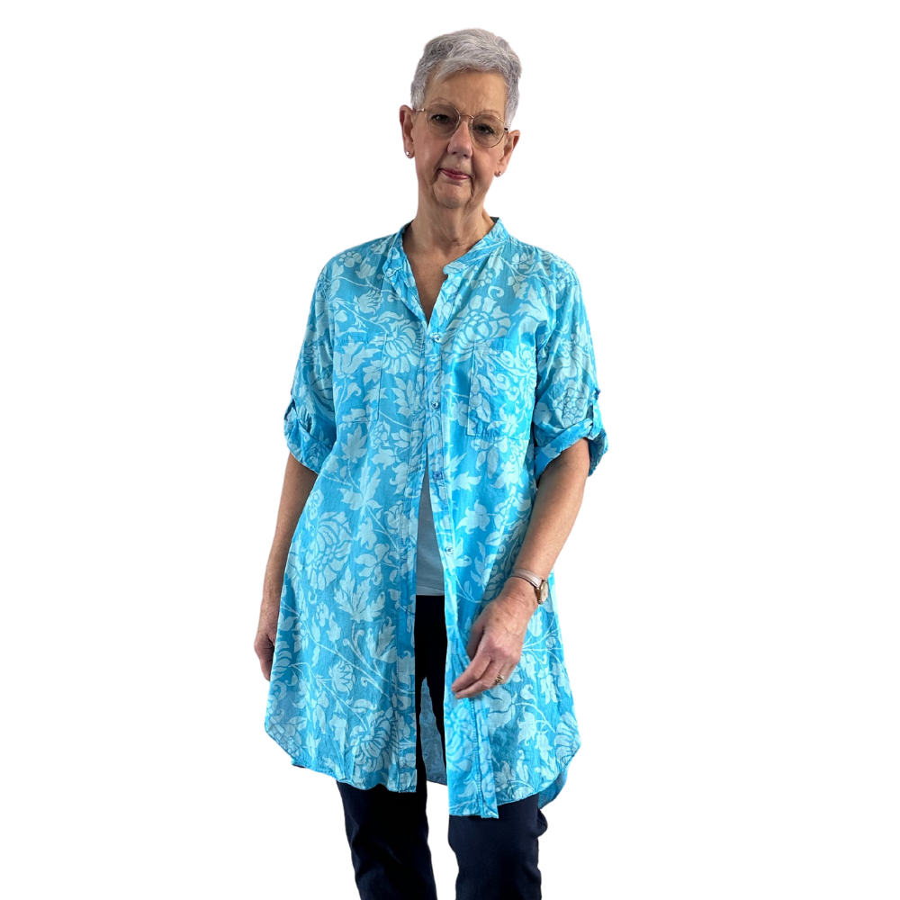 Turquoise shirt/dress with Floral design for women (A150)