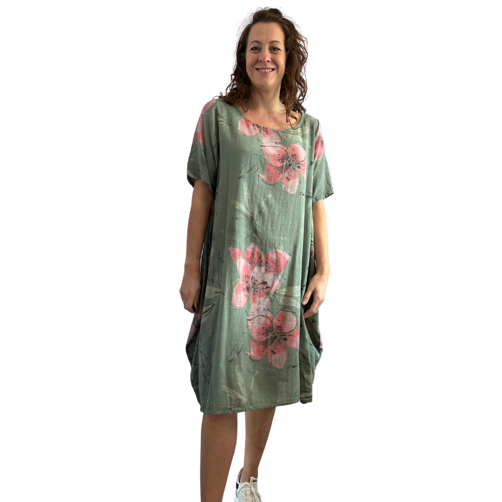 Khaki green Lily print parachute dress for women (A152)