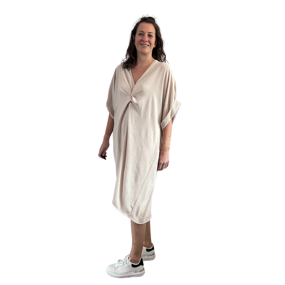 Beige twist front oversize dress for women (A153)