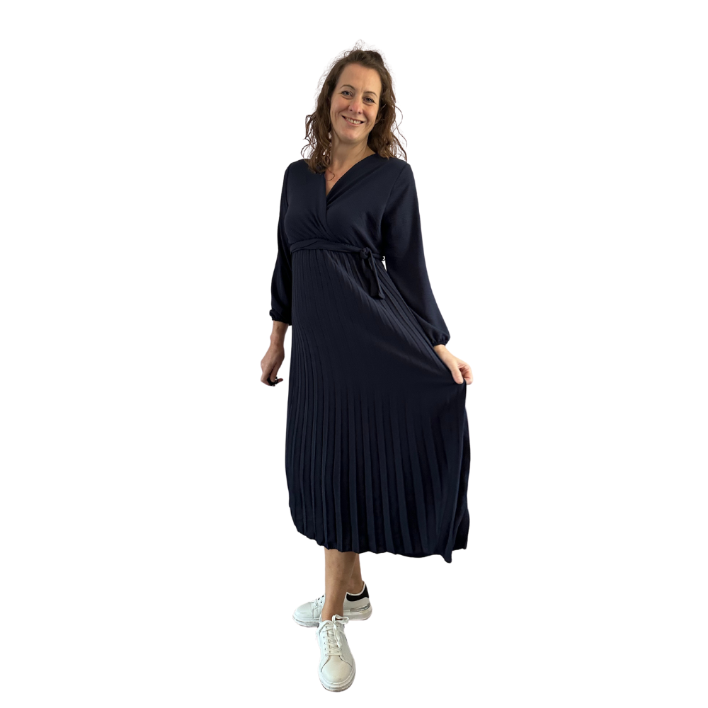 Navy Pleated midi dress with long sleeves for women (a149)