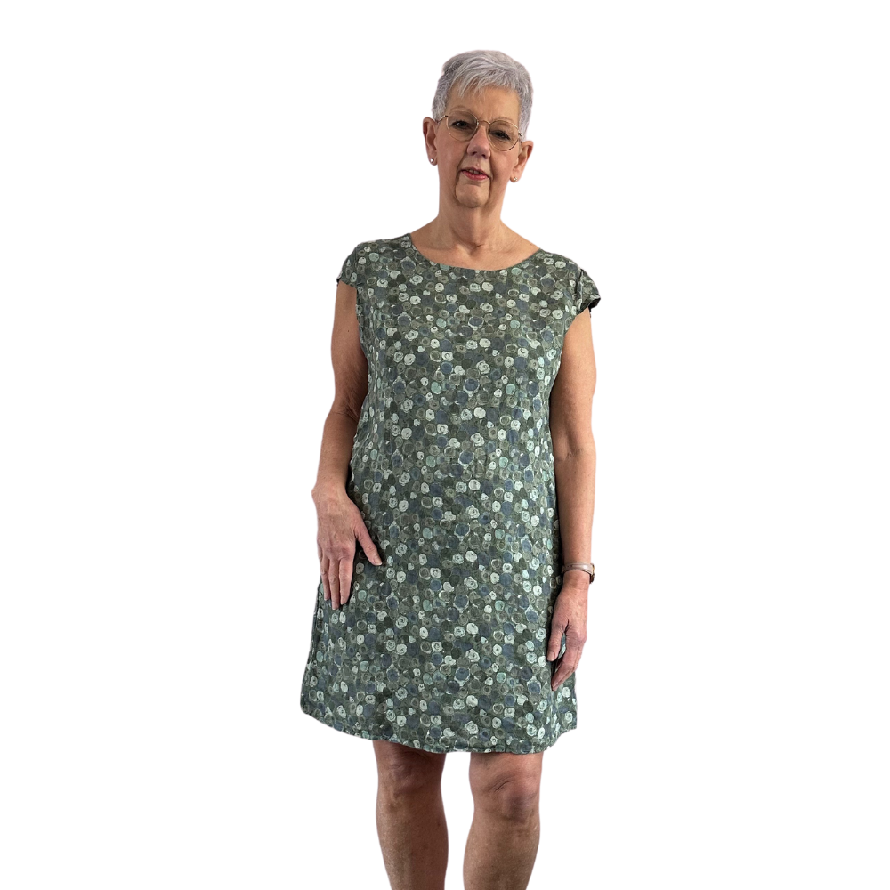 Khaki green rose Print Dress with pockets for women. (A154)