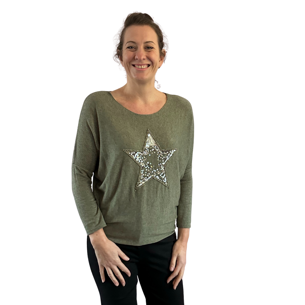 Khaki green Shine star soft knit top for women. (A155)