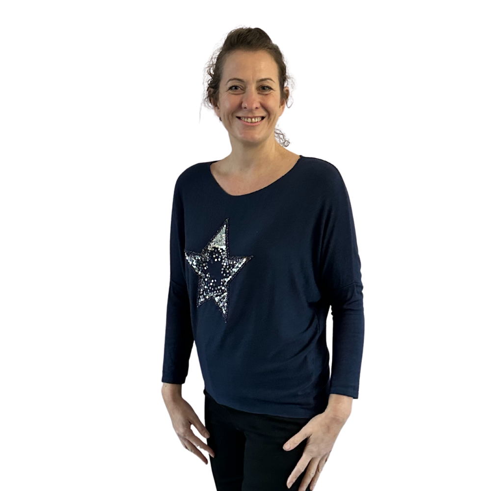 Navy blue Shine star soft knit top for women. (A155)