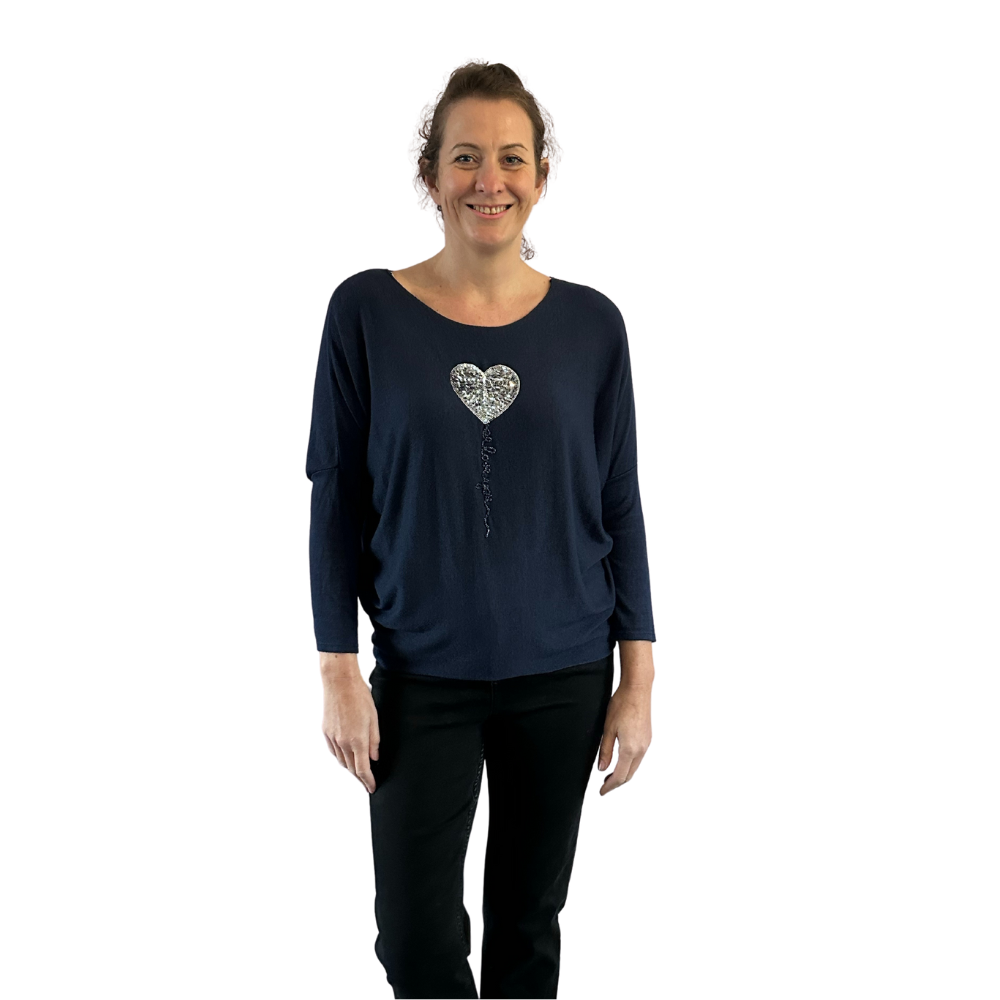 Navy blue Heart balloon soft knit top for women. (A156)