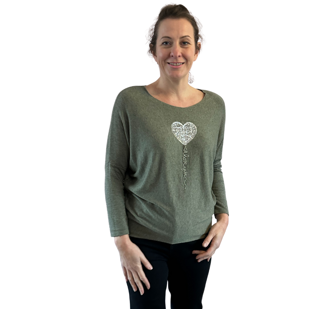 Khaki green Heart balloon soft knit top for women. (A156)