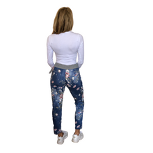Load image into Gallery viewer, Blue Floral print Italian Joggers for casual  everyday wear. Made in Italy
