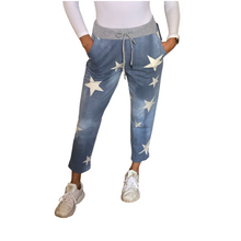 Load image into Gallery viewer, Light blue with white star print Italian Joggers for casual  everyday wear. Made in Italy
