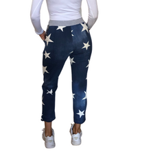 Load image into Gallery viewer, Navy blue with white star print Italian Joggers for casual  everyday wear. Made in Italy
