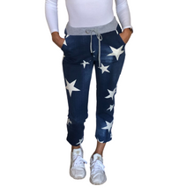 Load image into Gallery viewer, Navy blue with white star print Italian Joggers for casual  everyday wear. Made in Italy

