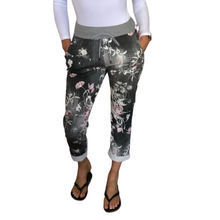 Load image into Gallery viewer, Grey Floral print Italian Joggers for casual  everyday wear. Made in Italy

