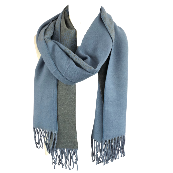 Ladies Cashmere Blue + Light Grey Tree of Life reversable Blanket Scarf