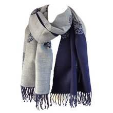 Load image into Gallery viewer, Ladies Cashmere navy Tree of Life reversable Blanket Scarf
