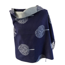 Load image into Gallery viewer, Ladies Cashmere navy Tree of Life reversable Blanket Scarf
