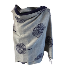 Load image into Gallery viewer, Ladies Cashmere navy Tree of Life reversable Blanket Scarf
