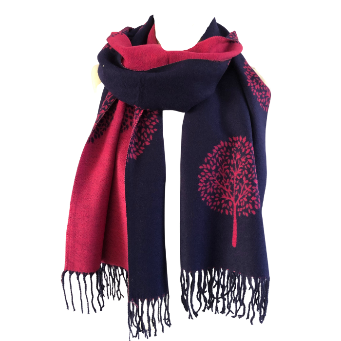 Cashmere Navy and hot pink Tree of Life reversable Blanket Scarf