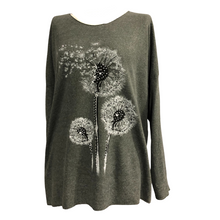 Load image into Gallery viewer, Women&#39;s Khaki Green Dandelion long sleeve jumper with sparkle.  (A98)
