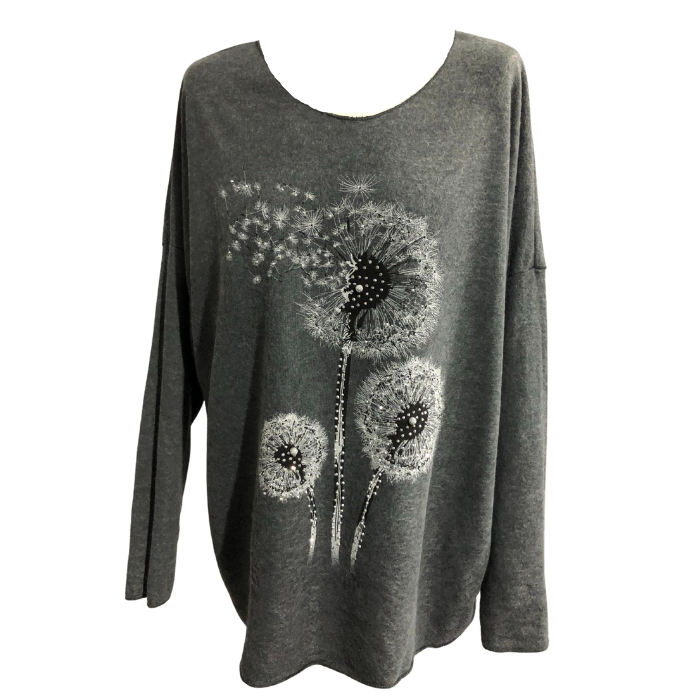 Women's loose fit Grey Dandelion long sleeve jumper with sparkle. (A98)