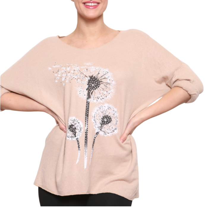 Women's Baby Pink Dandelion long sleeve jumper with sparkle.  (A98)